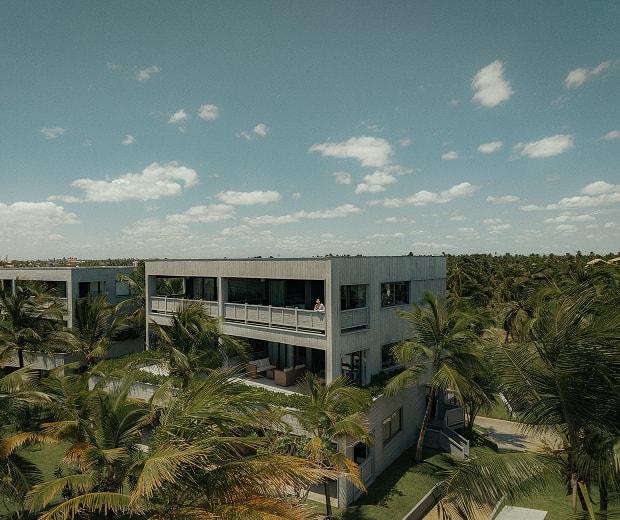 Area with tables in nighttime setting